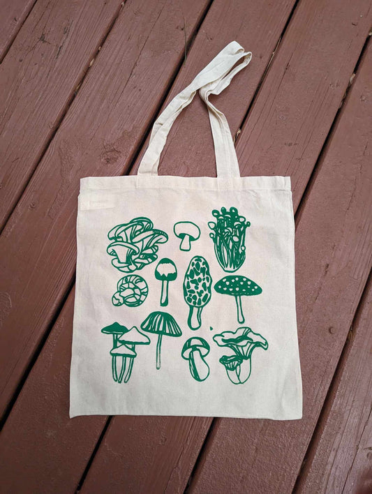 On Sale* Beige tote bag with green mushroom print